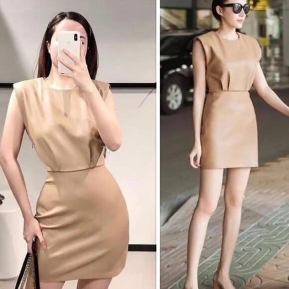 ZARA Faux Leather Shoulder Pads Sleeveles Tan Mini Dress Sz L Bloggers Favorite - Picture 1 of 16